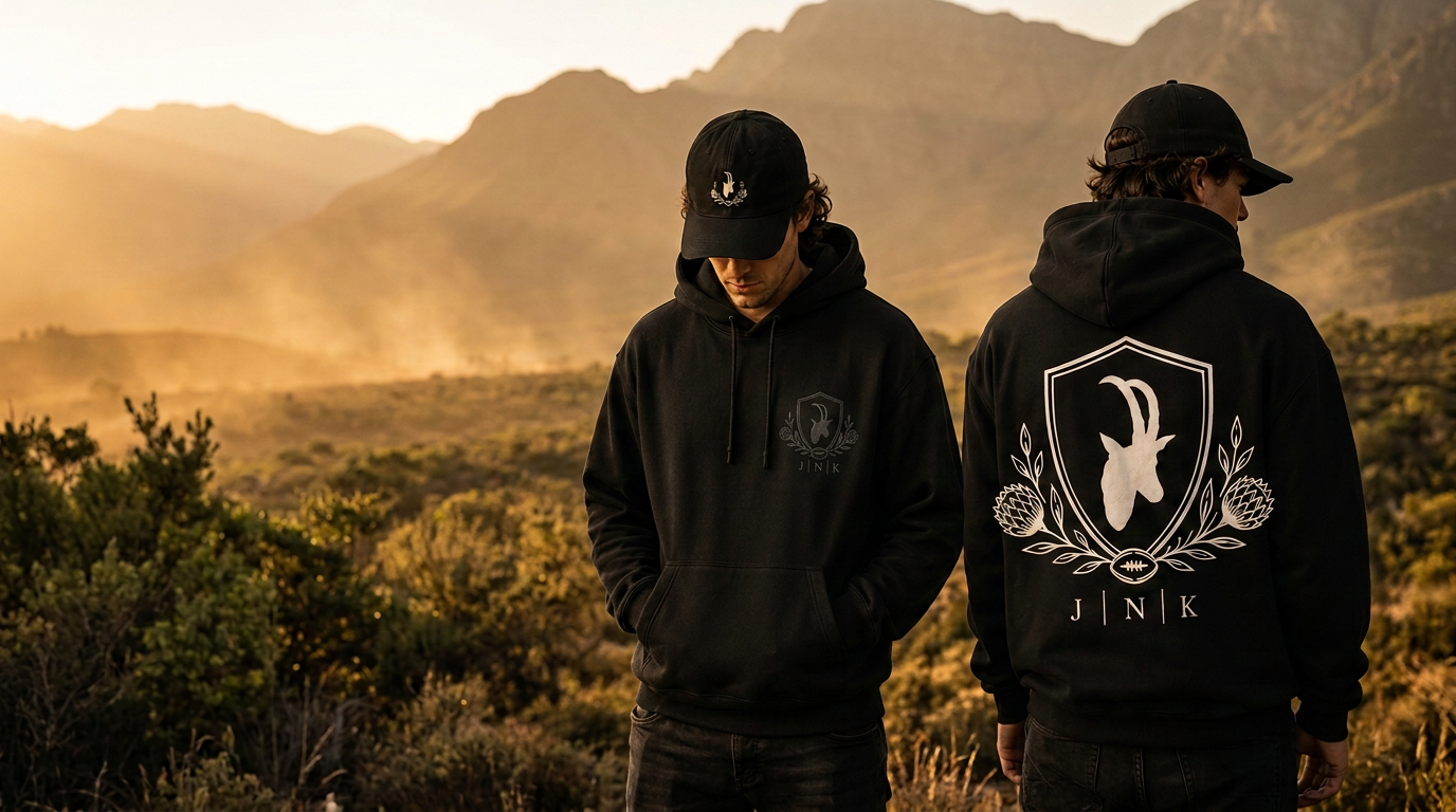 Twee modelle in swart JA NEE KYK hoodies en caps met die JNK-wapen, in die Bosveld by sonsondergang